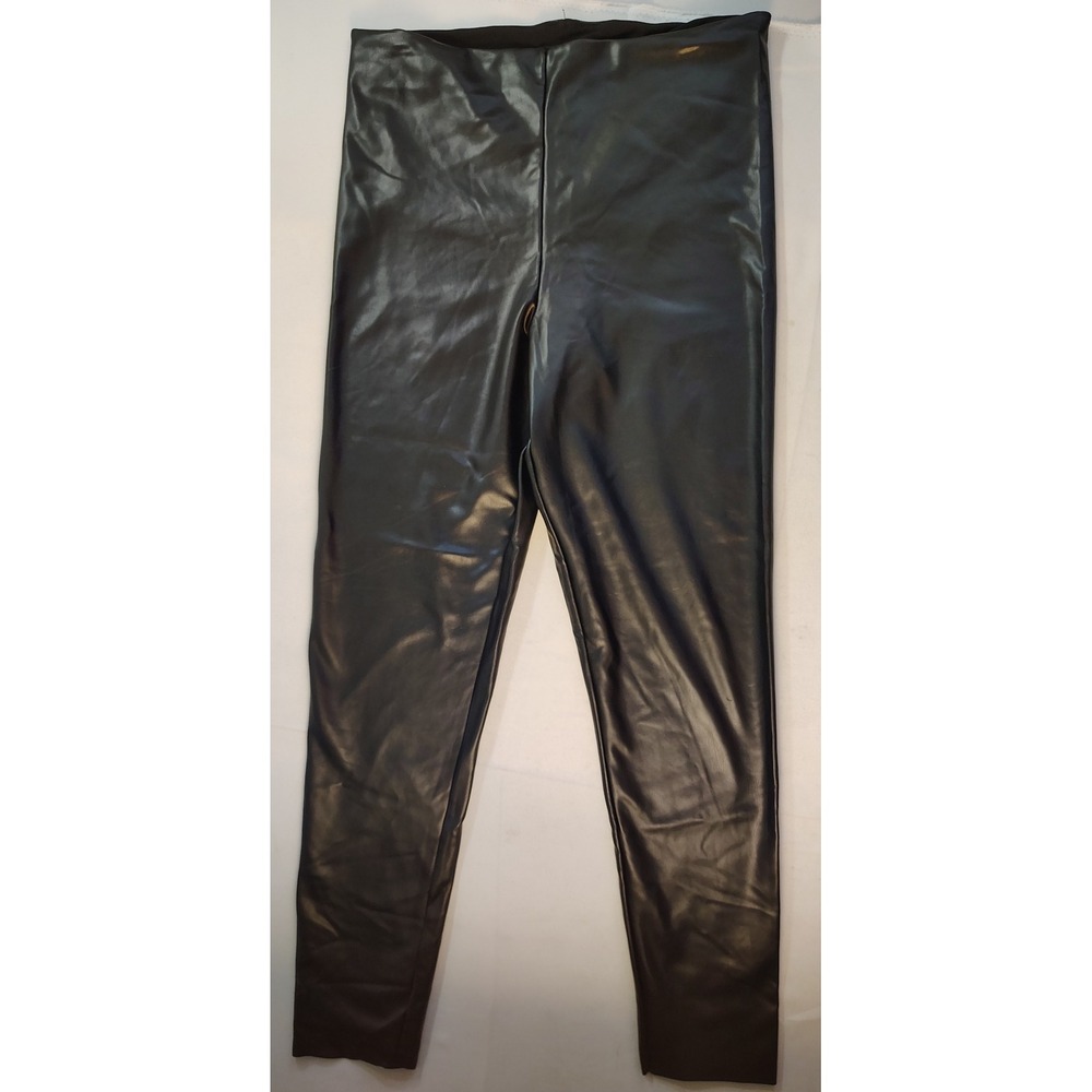 Womens Black Faux Leather Leggings Size M High Rise Slim Fit Pull On Edgy Goth